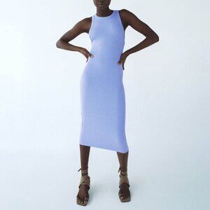 ZARA Periwinkle Blue Ribbed Fitted Cotton Tank Dress with Halter Neck